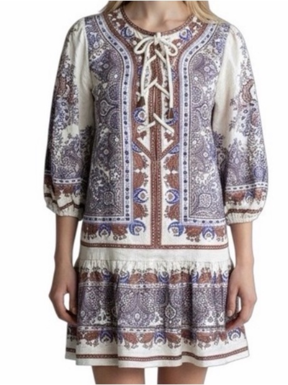 House of Harlow 1960 Cream Paisley Lace-Up Mini Dress